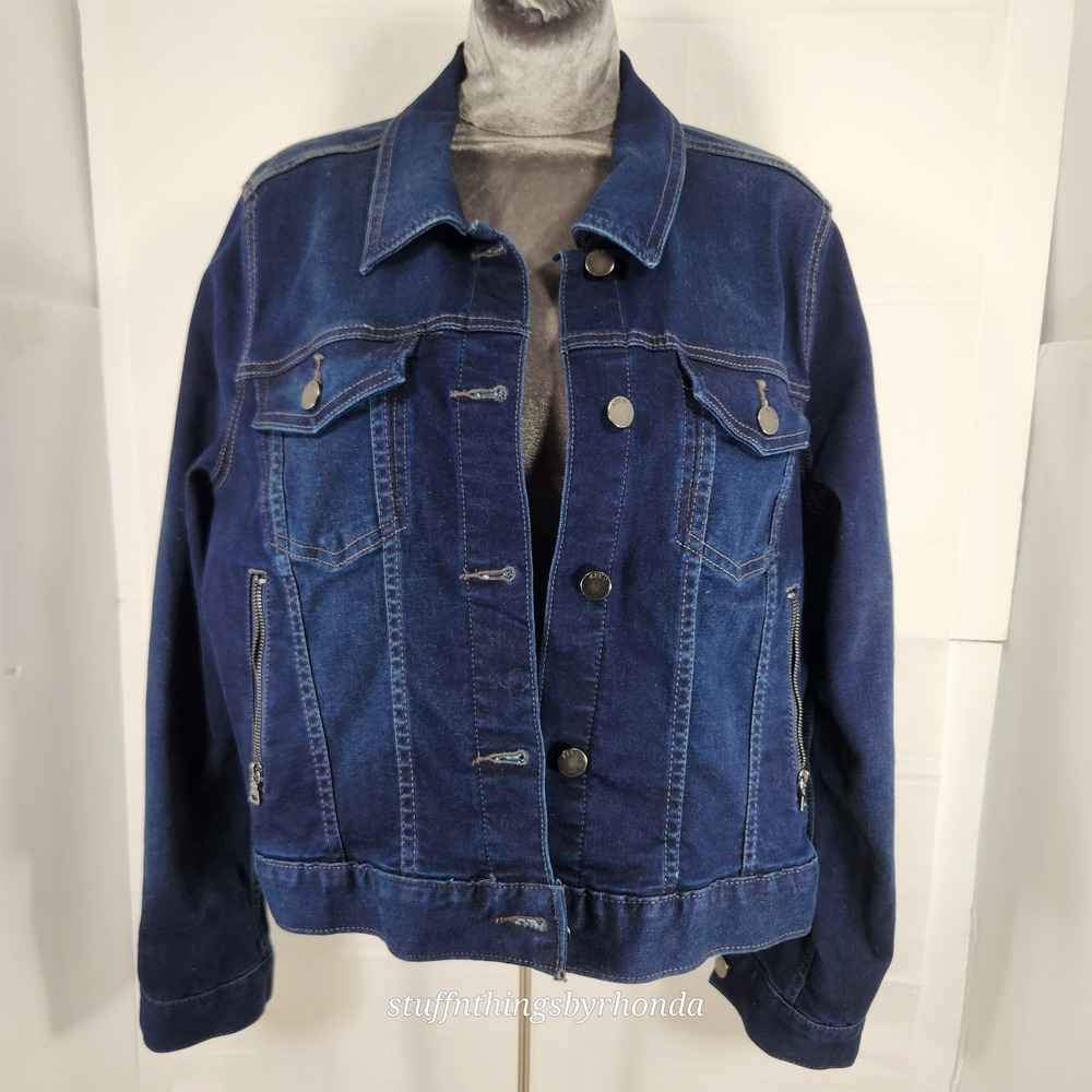 Apt. 9 Women's Denim Blue Jean Jacket Size Large Button Front, Zippered Pockets